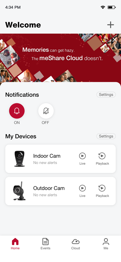 The meShare app dashboard displaying connected indoor and outdoor security cameras with quick access to live views and playback