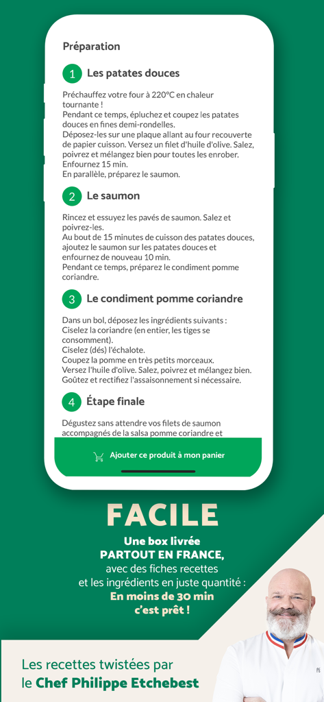 Quitoque : box repas maison - Step by step cooking instructions and recipe guide in the Quitoque mobile app featuring Chef Philippe Etchebest