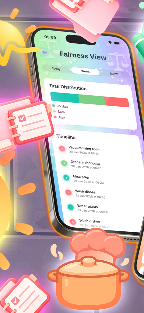 Chiko Jango - Chiko Jango app Fairness View showing household task distribution and a timeline of completed chores