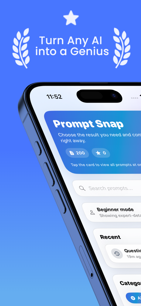 Interface of the Prompt Snap AI Prompts app on a mobile device showing the prompt library and beginner mode