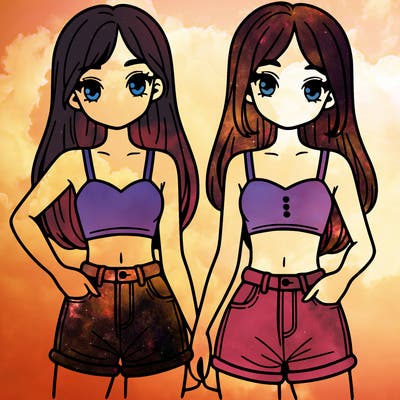 two sisters with crop tops and jean shorts and straight hair
