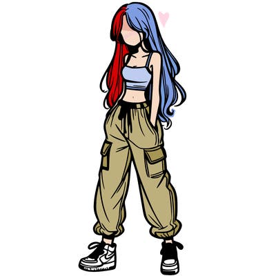 girl in baggy pants crop top and long hair
