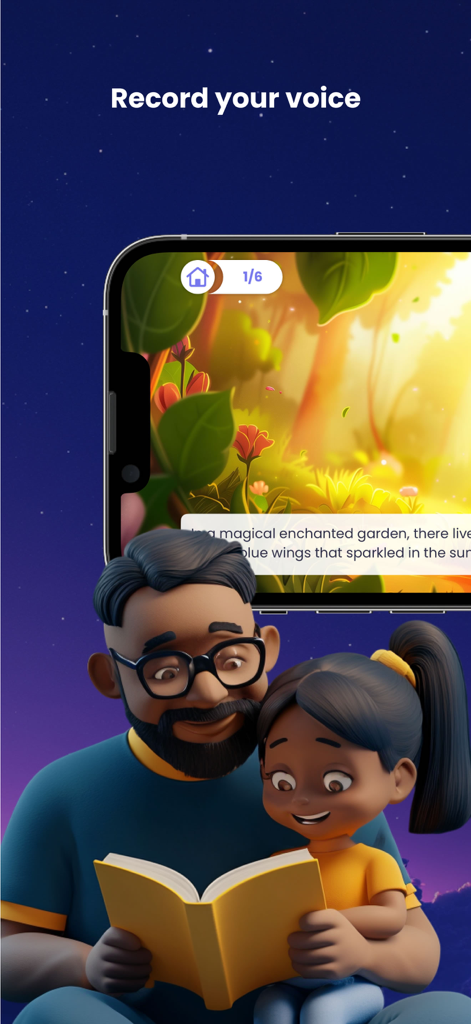 A father and daughter reading a book together highlighting the record your voice feature for bedtime stories.
