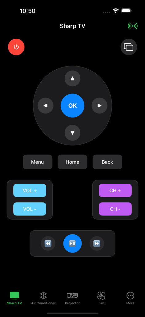 Main control screen of the Sharp TV remote app on a smartphone