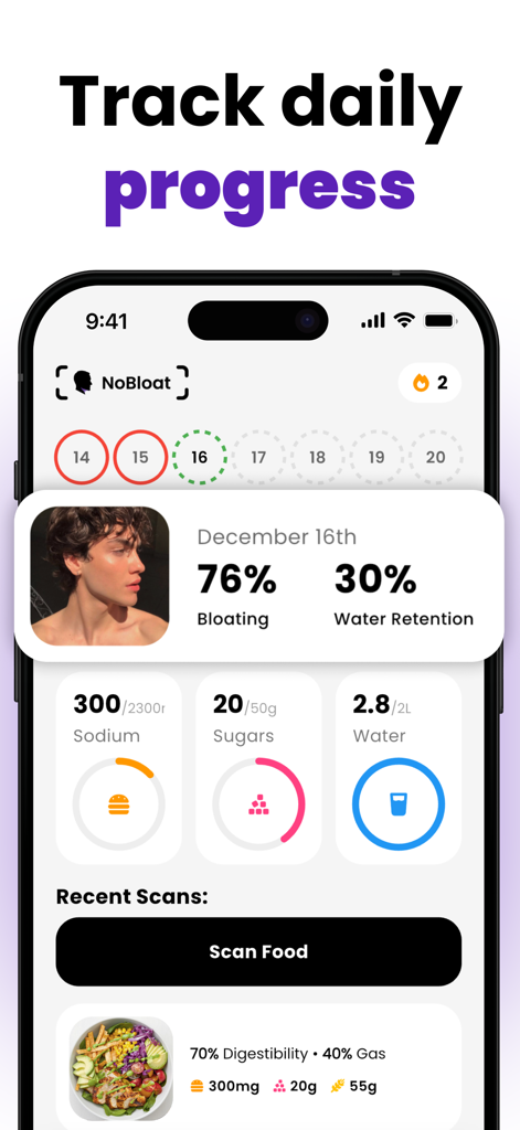 NoBloat: Face Depuff AI - NoBloat app interface showing daily facial bloating analysis and nutritional intake metrics