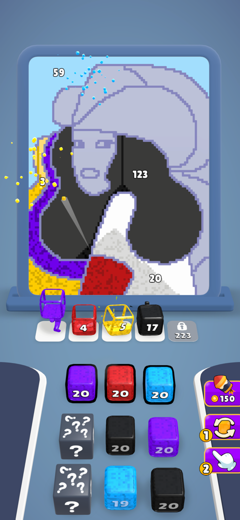 Gameplay of Sand Jam showing colored sand filling a pixel art canvas to reveal a character illustration