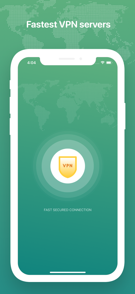 VPN: super unlimited proxy vpn - VPN-App-Bildschirm mit einem Schildsymbol und Text für schnelle sichere Verbindung über einer Weltkartenhintergrund