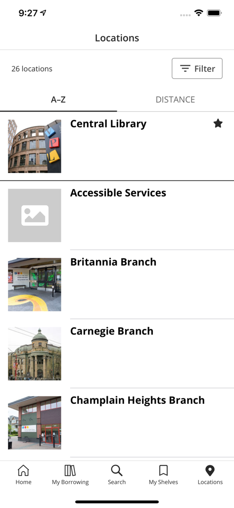 Screenshot of the VPL Mobile app showing a list of library branch locations and sorting options