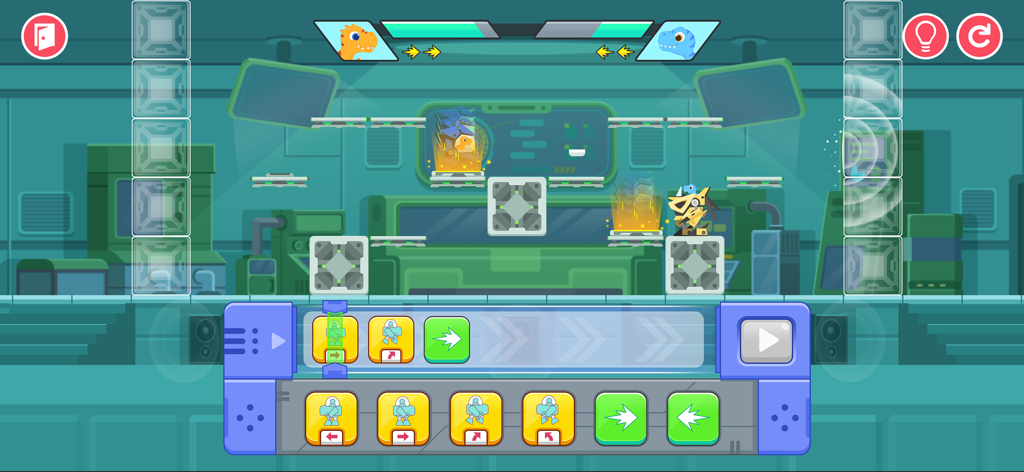 Ein Screenshot eines Programmierspiels für Kinder mit einem Roboter-Kampf und visuellen Programmierblöcken.