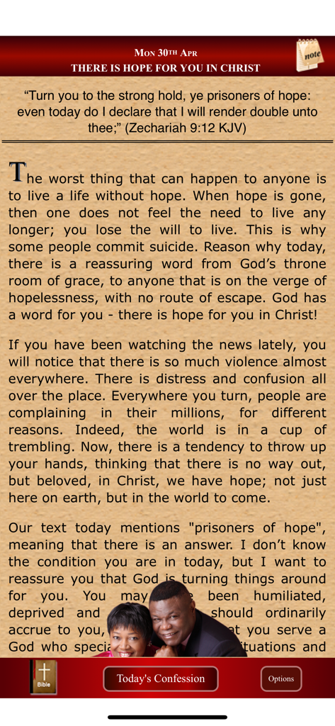 Wisdom For The Day - Tela de devocional diário do aplicativo Sabedoria do Dia com uma mensagem bíblica sobre esperança em Cristo