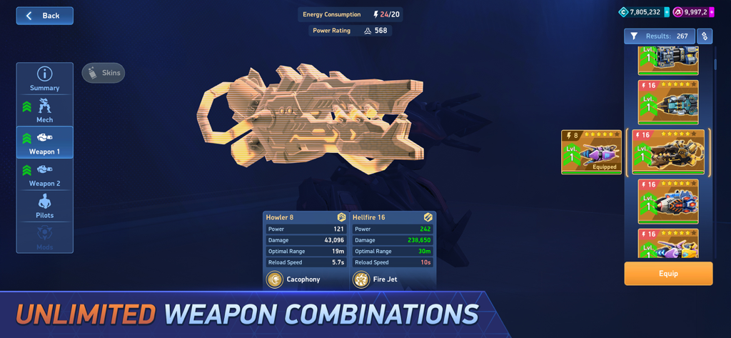 Weapon selection and stat comparison screen in Mech Arena showing various weapon combinations