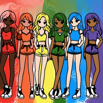 a group of girls wearing crop tops and shorts