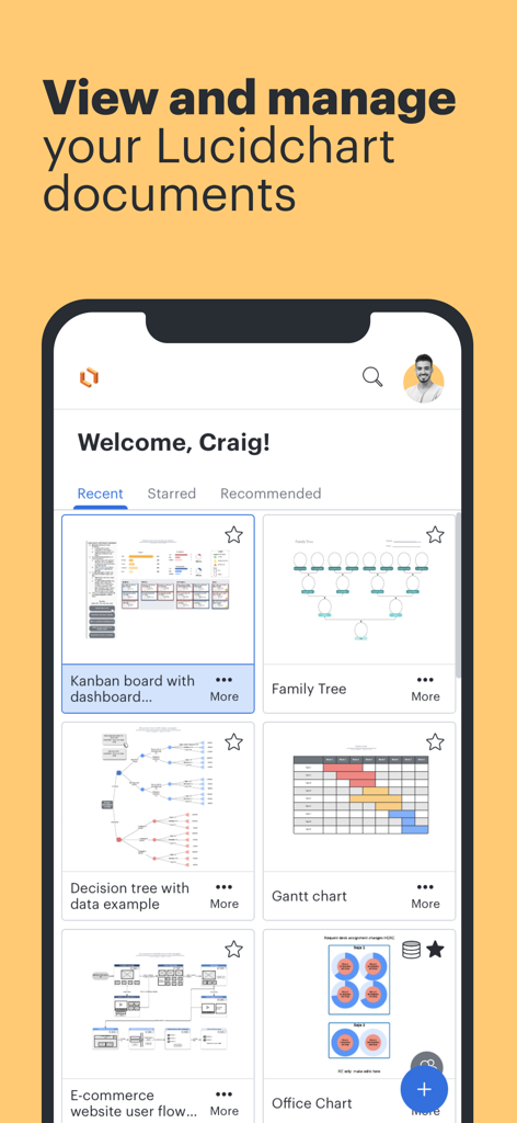 Lucidchart - Lucidchart-Mobile-App-Dashboard, das eine Sammlung von Diagrammen anzeigt, darunter Kanban-Boards, Flussdiagramme und Gantt-Diagramme
