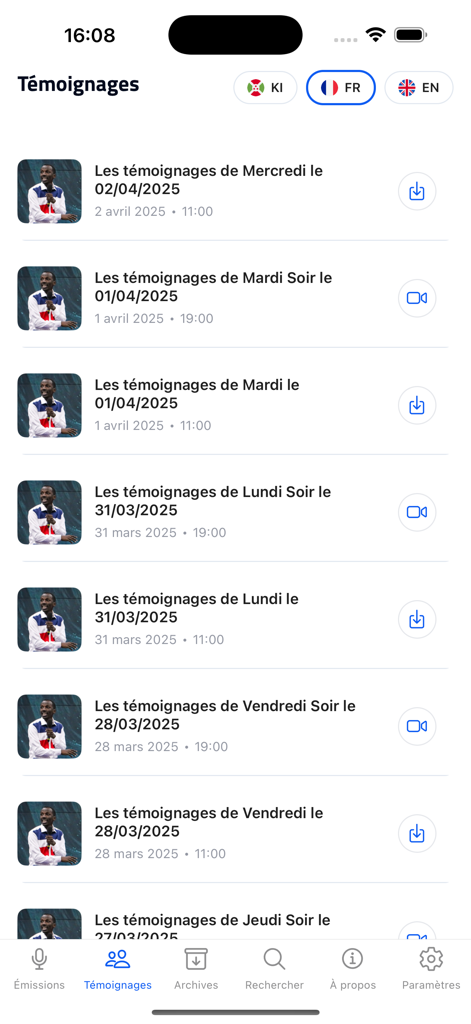 Kanguka - List of daily testimonies in the Kanguka mobile app with audio and video options