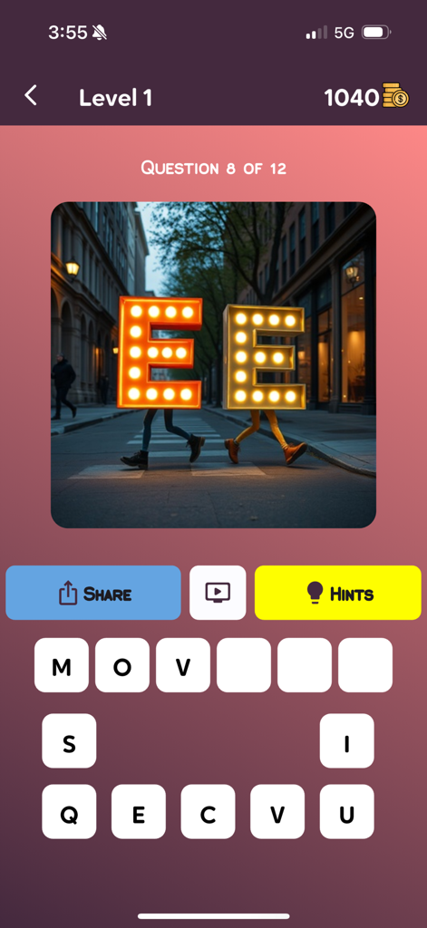 MindBlow AI Images Quiz gameplay showing a visual riddle with people as illuminated letters.