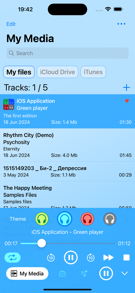 Green Player - Green Player app interface showing the My Media section with a list of tracks and audio playback controls