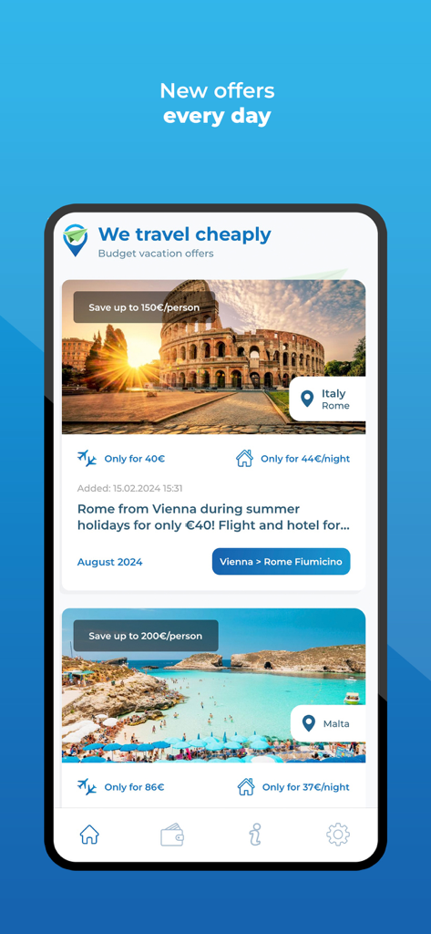 Interface do aplicativo móvel mostrando ofertas de viagens econômicas para Roma e Malta, incluindo preços de voos e hotéis.
