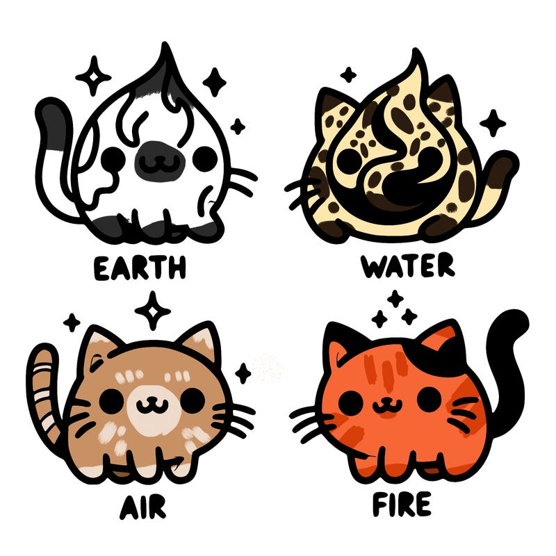 4 cats that represent the different elements, earth, water, air, and fire