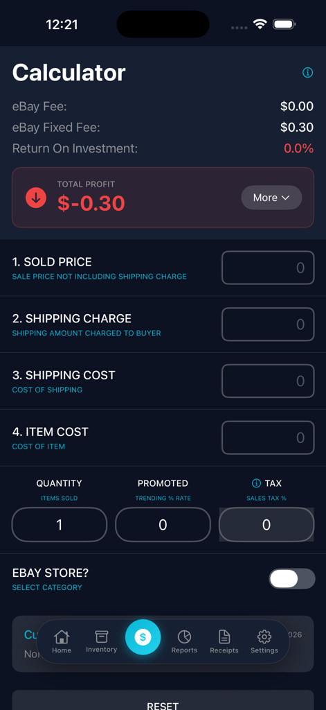 Flip Profit Calculator - Interface of the Flip Profit Calculator app showing an eBay resale profit calculation with fields for sold price shipping and fees