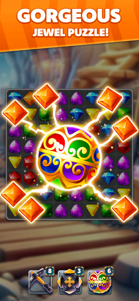 Jewel Hunter Lost Temple - Gameplay screenshot of Jewel Hunter Lost Temple showing a colorful match 3 puzzle with a special orb power-up effect.