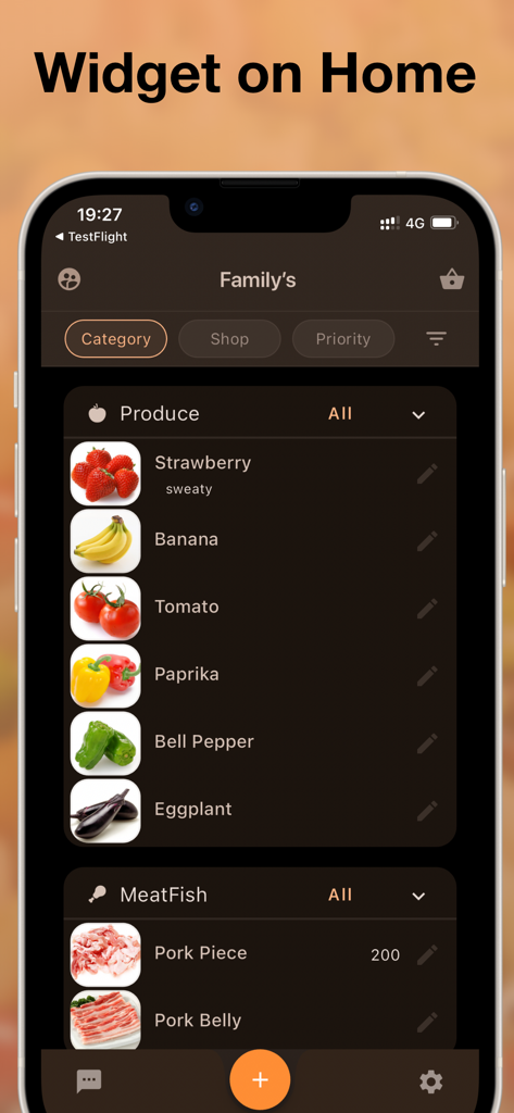 Shared shopping list : basket - Interfaz de la aplicación de lista de compras compartida que muestra categorías de productos frescos y carne con iconos visuales