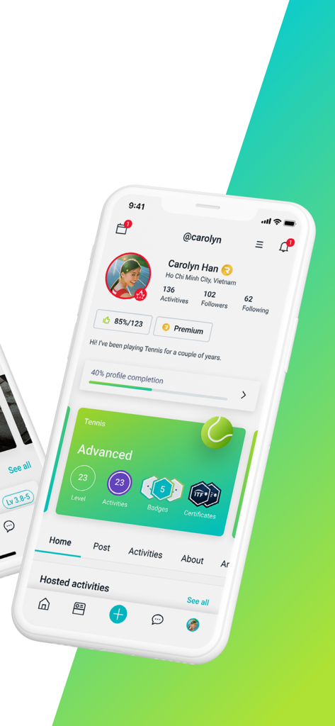 User profile screen on Rovo app showing tennis skill level and achievement badges
