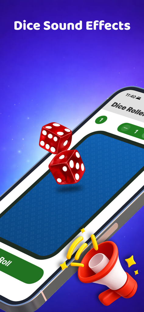 Tela de celular exibindo dados vermelhos rolando e um ícone de megafone representando efeitos sonoros no aplicativo Dice Roller.