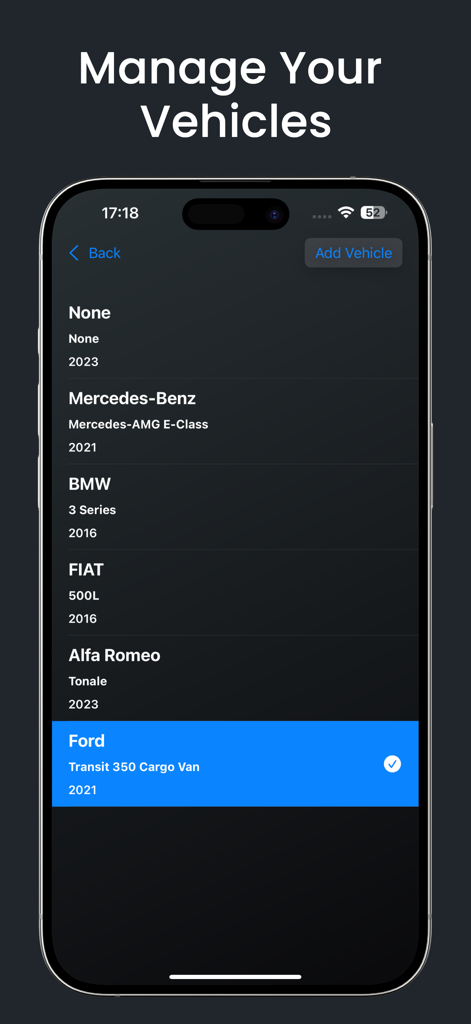 Interfaz de la aplicación Alfa OBD2 Car Scanner Pro para gestionar múltiples vehículos