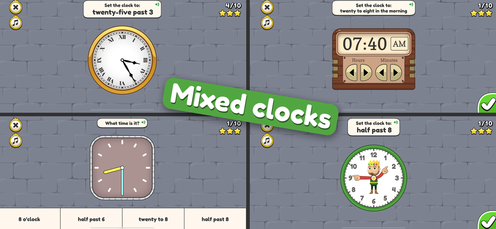 King of Math: Telling Time - A collage showing different analog and digital clock exercises from the King of Math Telling Time educational app