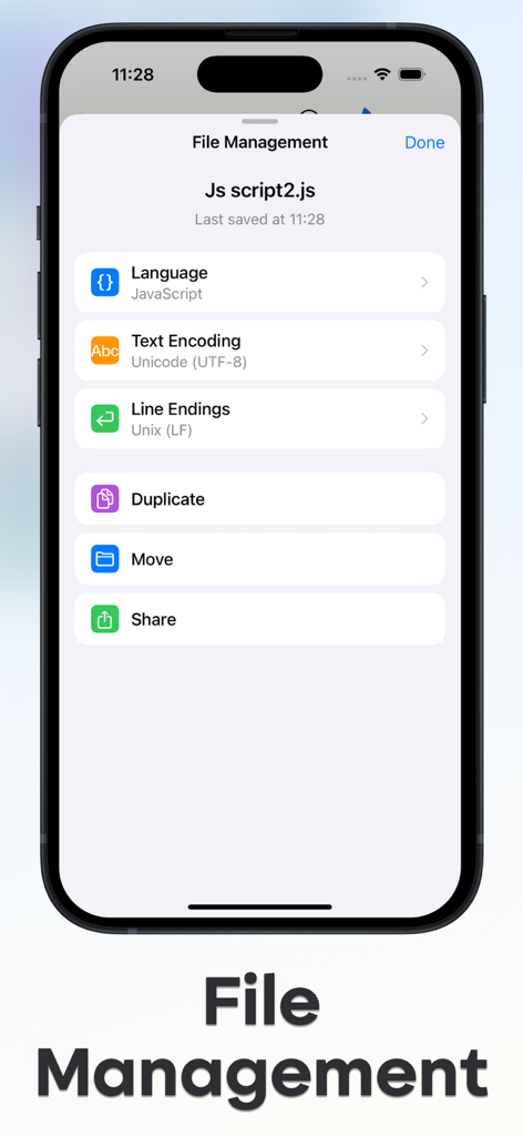 Monote: Text Edit - Editor - Monote mobile app screen showing file management settings for a JavaScript script including language encoding and sharing options