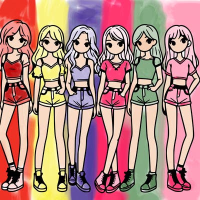 a group of girls wearing crop tops and shorts