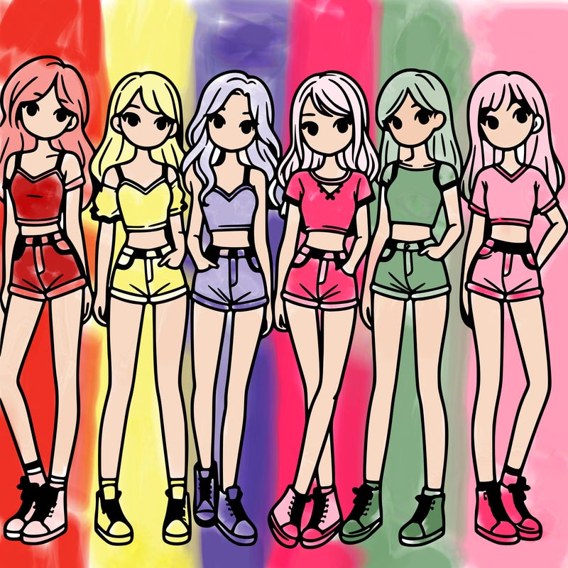 a group of girls wearing crop tops and shorts