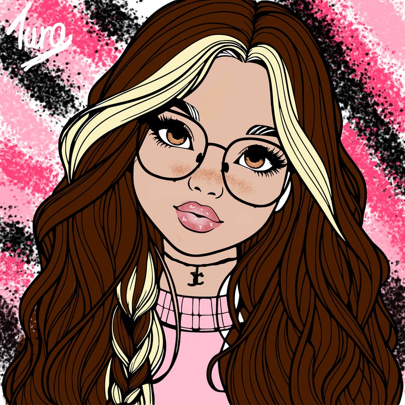 girl with long hair and freckles and glasses realistic