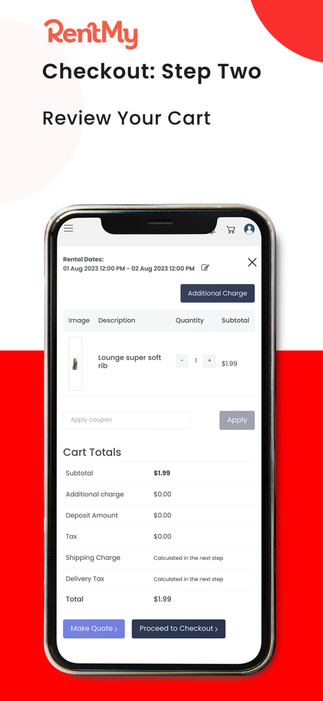 RentMy Rental Software - RentMy mobile App-Oberfläche, die den Checkout-Prozess und die Warenkorbübersicht anzeigt