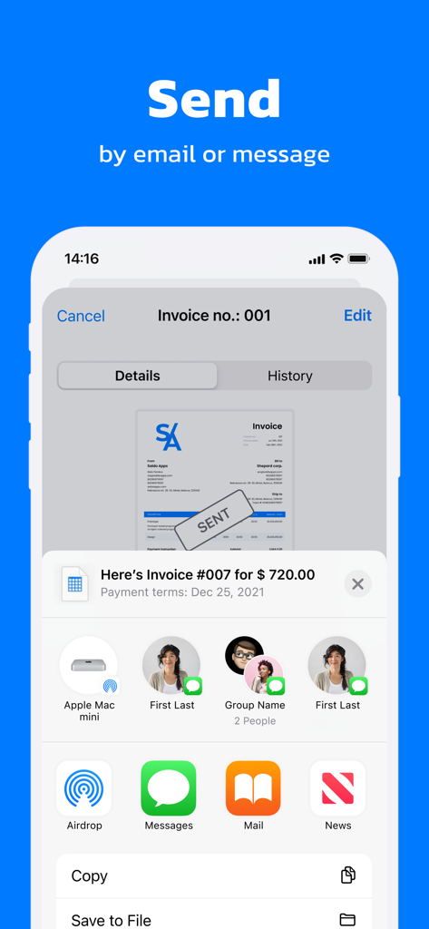 Invoice Maker・The Estimate App - Mobile screen showing the option to send a professional digital invoice by email or message