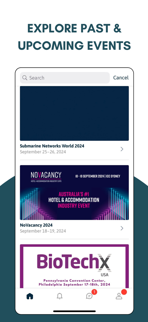 Terrapinn Events - Mobile app screen showing a list of upcoming Terrapinn business events and a search bar.