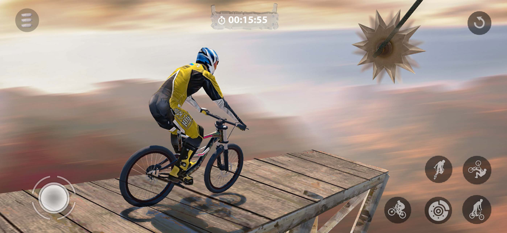 Bicycle Stunts: BMX Bike Games - A biker in a yellow suit performing stunts on a high altitude wooden ramp with obstacles in a BMX bike game