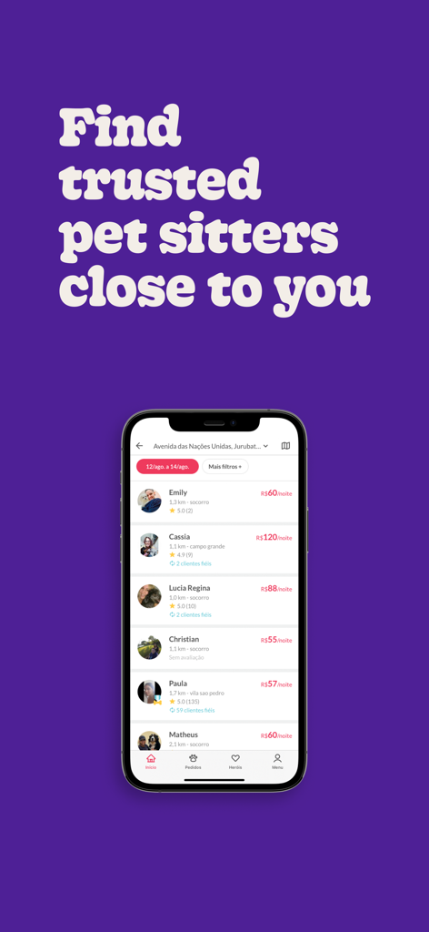 DogHero - Pet Services - DogHero mobile app interface showing a list of available pet sitters with their ratings and prices