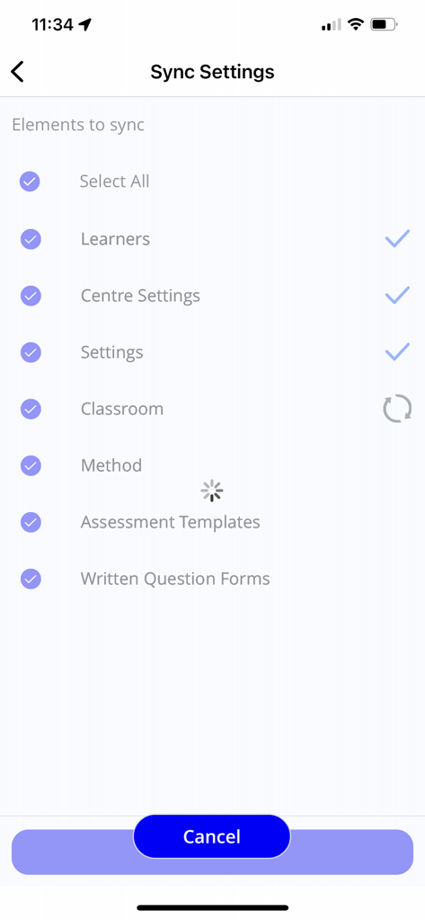 The sync settings screen of the Onefile Eportfolio app showing elements to sync such as learners and assessment templates.