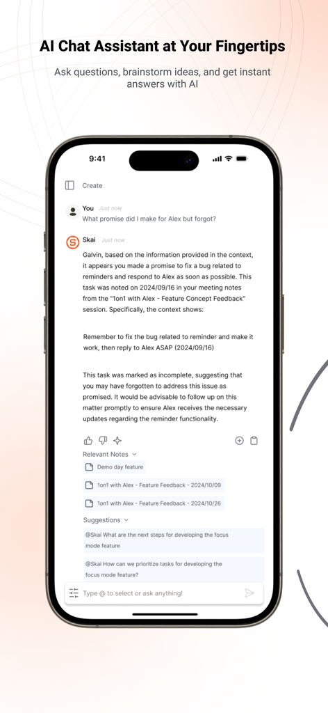 Saner.AI - AI assistant Skai recalling meeting notes and forgotten tasks in the Saner.AI mobile app.