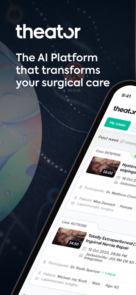 Theator Surgical Intelligence - Theator mobile app dashboard displaying a list of analyzed surgical cases and procedural insights