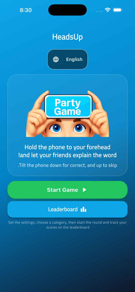 Heads Up - Charades - Heads Up Charades app main menu showing start game and leaderboard buttons with playing instructions