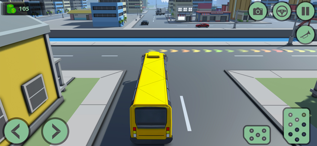 City Bus Race: Driving Games - A yellow bus driving on a city street with game controls in City Bus Race