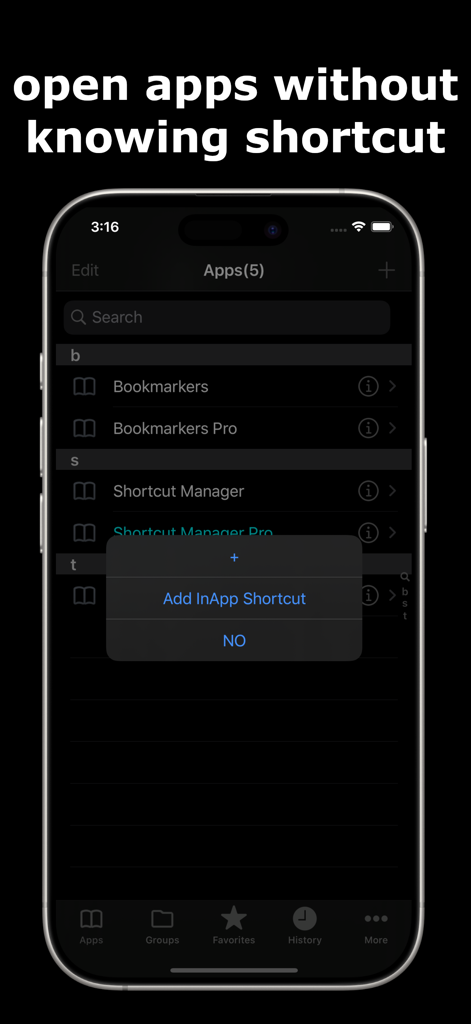 Shortcut Manager Pro interface displaying a list of apps and a popup menu to add an in-app shortcut