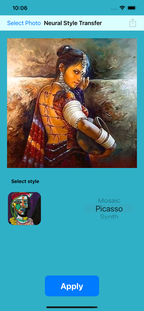 Neural Style Transfer - Neural Style Transfer app interface with Picasso art style selected