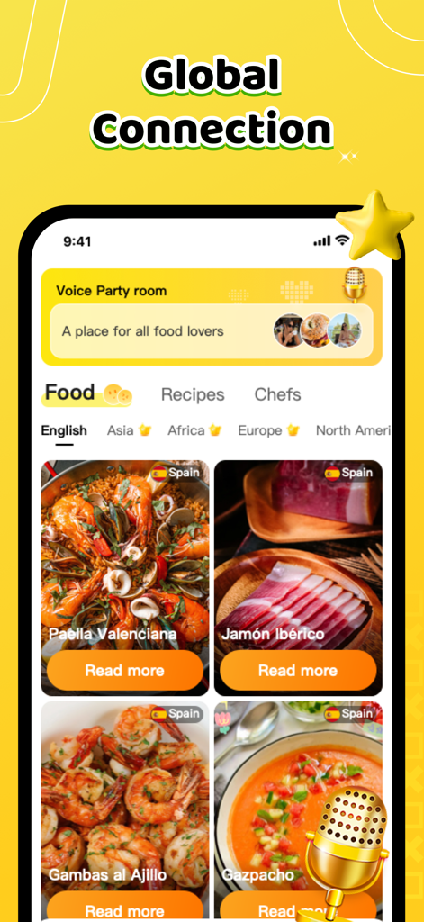 Seeya - Interfaz de la aplicación Seeya mostrando recetas de comida global y una sala de voz social para entusiastas de la comida