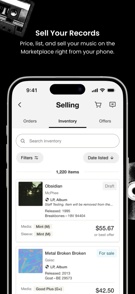 Discogs app interface showing the selling marketplace with vinyl record listings and prices
