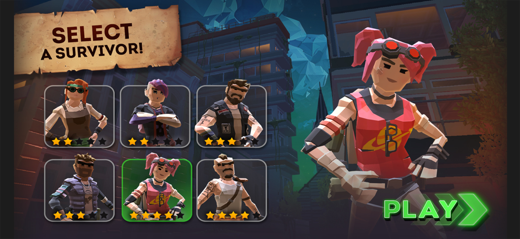 Last Survivor: Zombie Survival - Select a survivor screen showing multiple character options with star ratings in Last Survivor Zombie Survival
