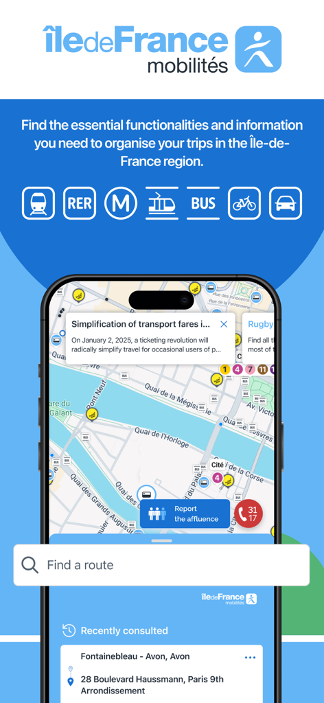 Île-de-France Mobilités - Ile-de-France Mobilites app interface showing a Paris map and various transport mode icons