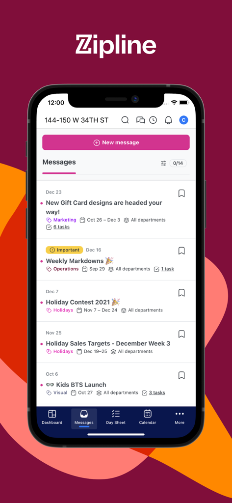 A smartphone display of the Zipline app showing a centralized retail message feed with tasks for marketing, operations, and holiday sales.